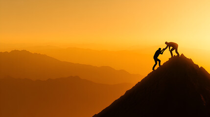 Teamwork and Support - Silhouettes of Two People Helping Each Other Climb a Mountain at Sunset