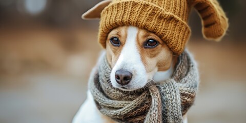 Wall Mural - A dog wearing a hat and scarf is looking at the camera