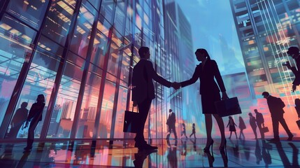 Aufkleber - Two professionals are shaking hands in front of a contemporary office structure, symbolizing a successful partnership or agreement. Generative AI