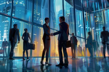 Aufkleber - Two business people are shaking hands in front of a contemporary office building with vibrant city lights in the background. Generative AI