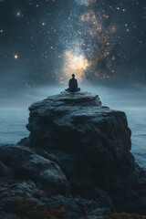 Poster - A minimalist scene of a tranquil figure levitating above a serene, starry night sky,