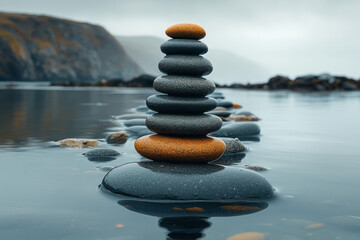 Poster - A surreal landscape where stones and pebbles float in a peaceful, suspended state above a calm sea,