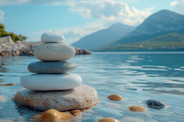 Poster - A surreal landscape where stones and pebbles float in a peaceful, suspended state above a calm sea,