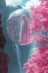 Poster - An ethereal depiction of a figure suspended in a bubble, drifting through a serene, pastel-colored sky,