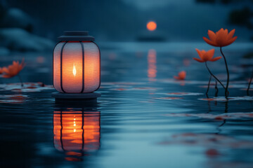 Poster - A minimalist design of a floating lantern casting a soft, serene light over a calm, reflective surface,
