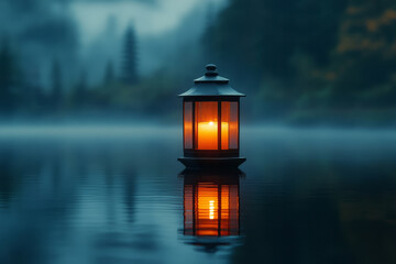 Poster - A minimalist design of a floating lantern casting a soft, serene light over a calm, reflective surface,