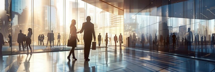 Aufkleber - Two business people shake hands in a modern office setting, symbolizing partnership and collaboration during a sunset backdrop. Generative AI