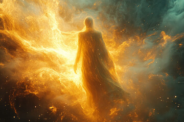Poster - An abstract depiction of a figure floating in a tranquil, suspended state among swirling, glowing particles,