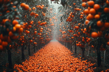 Poster - An orchard where fruit grows upwards from the ground, hanging in mid-air,