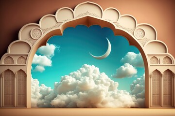 Ornate archway revealing a sky with clouds and a crescent moon.