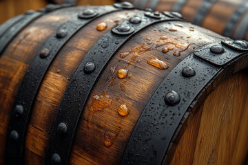 Poster - A modern take on a wine barrel with sleek metallic accents and a minimalistic background,