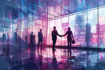 Aufkleber - Two business people shake hands in a modern office building with a colorful cityscape visible through large windows. Generative AI