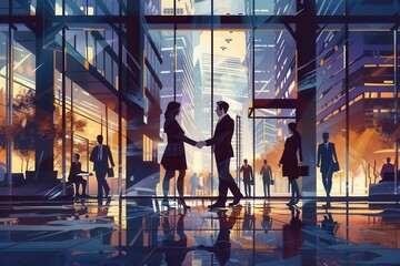Aufkleber - A handshake occurs between two professionals outside a contemporary office building as the sun sets, highlighting their collaboration. Generative AI