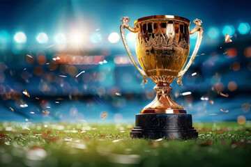 the gold cup for the first place on the background of a football field. the golden trophy of the cha
