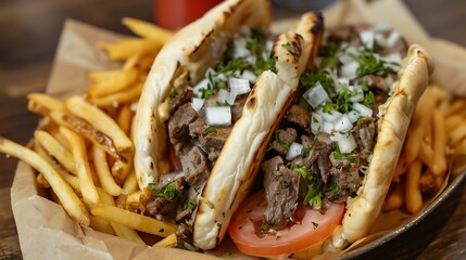 Two gyros served with fries and shaved lamb