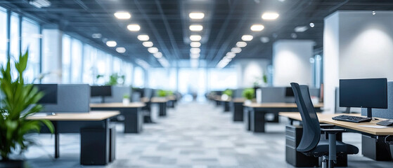 Blurred Empty Open Space Office with Abstract Light Bokeh - Office Interior Background for Design, Modern Workspace, Soft Focus, Office Environment, Professional Setting