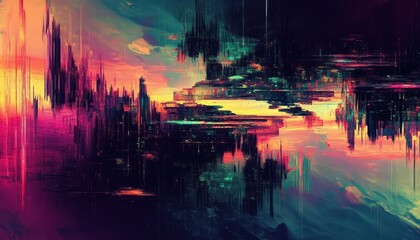 Wall Mural - Abstract Digital Art with Glitch Effects and Vibrant Colors