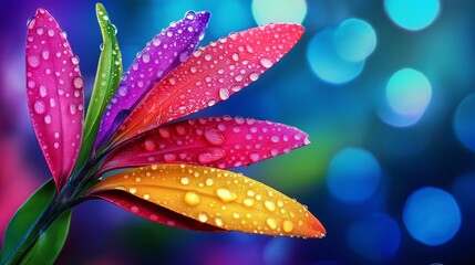 Wall Mural - A colorful flower with droplets of water on it. The flower is surrounded by a blue background