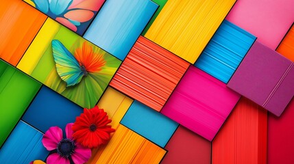Poster - A colorful collage of squares with a butterfly and a flower in the center. The butterfly is green and orange, and the flower is red. Scene is cheerful and vibrant, with the bright colors