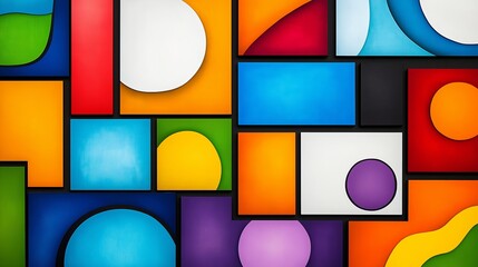 Poster - A colorful collage of squares and circles. The colors are bright and vibrant, creating a lively and energetic mood. The composition of the image is abstract, with no clear subject or focal point