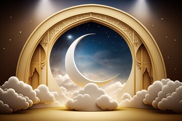 Wall Mural - Ornate archway with crescent moon and stars, framed by clouds.