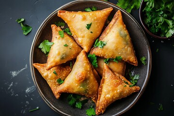 Wall Mural - Overhead shot of crispy golden brown samosas with fresh herbs on ceramic plate, selective focus