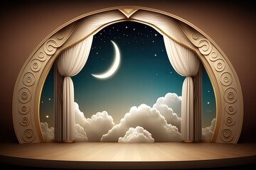 Wall Mural - Ornate archway with curtains open to a night sky with moon and clouds.