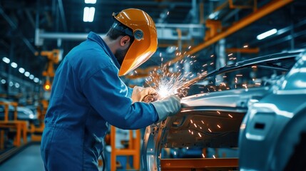 Poster - A man in a blue shirt is working on a car, wearing a face mask and gloves. Concept of hard work and dedication, as the man is focused on his task