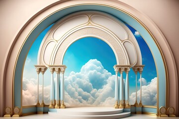 Wall Mural - Ornate archway with golden trim opens to a cloudy sky.