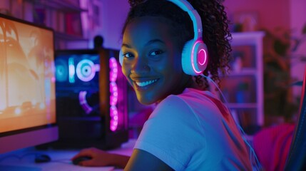 Poster - A young woman is smiling while wearing headphones