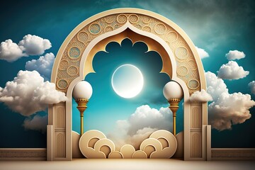 Ornate archway with moon and clouds.