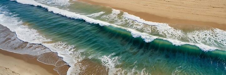 Sea shore view from top, waves of water coming to coastline in different directions on a sunny summer day