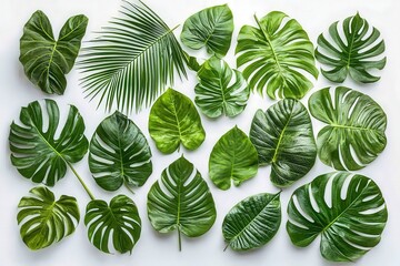 Aufkleber - Various types of green tropical leaves are laid out in a flat arrangement, showcasing their unique shapes and textures against a clean white background