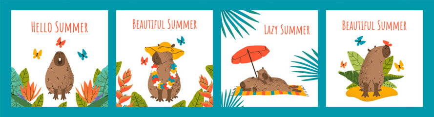 summer concept. square greeting cards with funny capybaras, plant, butterflies and typography. textu