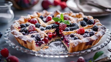 Wall Mural - Berry pie decorated with fresh berries and powdered