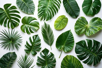 Aufkleber - Various types of tropical leaves are neatly arranged, showcasing their unique shapes and shades of green against a white backdrop