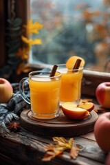 Wall Mural - Warm apple cider with cinnamon sticks on a rustic wooden table by a window