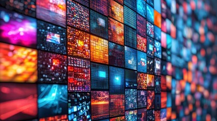 Poster - Dynamic visual arrangement comprised of multiple glowing panels filled with intricate light patterns and colors in a modern urban environment
