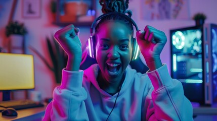 Poster - A woman is smiling and holding her hands up in the air while wearing headphones