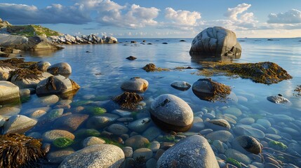 Poster - The beach is rocky with smooth rounded stones