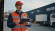 © Oulaphone - Mature warehouse worker wearing protective workwear working with tablet standing near truck at Logistics distribution center, Retail warehouse.