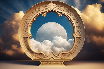 Ornate frame reveals a sky with clouds and a large moon.