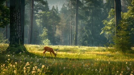 Canvas Print - A field of green grass and wildflowers