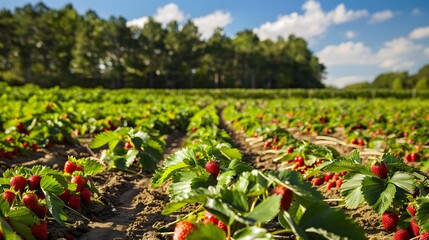 Wall Mural - A strawberry field with rows of bushes strewn