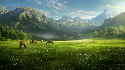 Canvas Print - The field is spacious with grazing horses