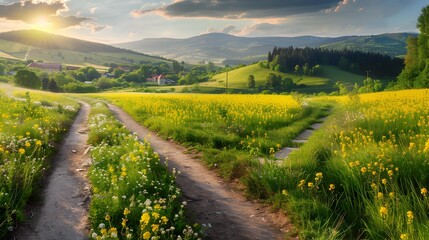 Canvas Print - Spacious agricultural field where forests and meadows