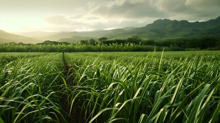 Poster - A sugar field with green stalks of sugar