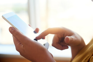 Aufkleber - Hands, person and online with smartphone for networking, communication and connection. Internet, website and social media post with text message or subscription on mobile app, email and notification