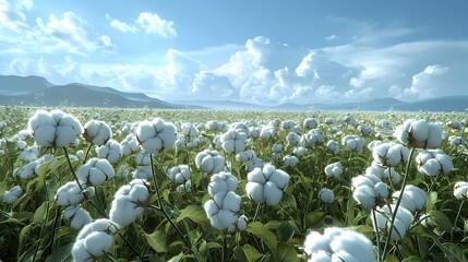 Wall Mural - A field of cotton with white fluffy flowers