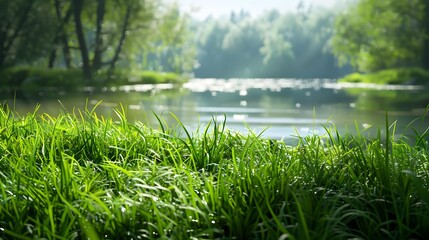 Poster - A clearing by the river with green grass